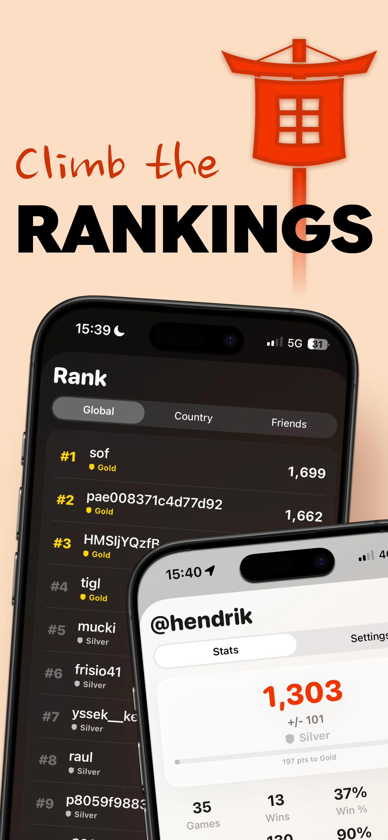 Live Elo leaderboard with Global, Country and Friends rankings for 1v1 sudoku and battle royale